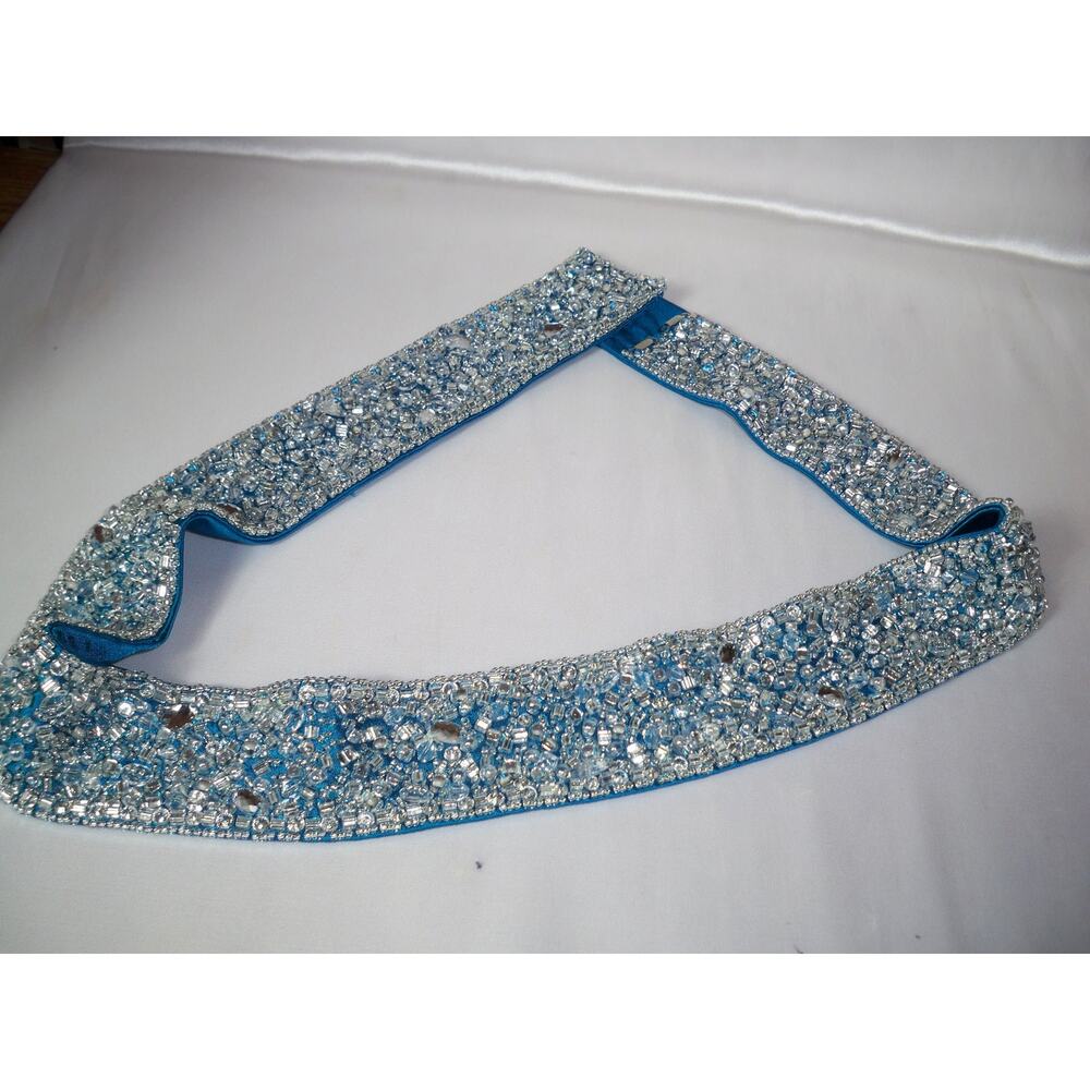 Teal blue beaded rhinestone satin belt prom formal dressy bridal dress belt sash
